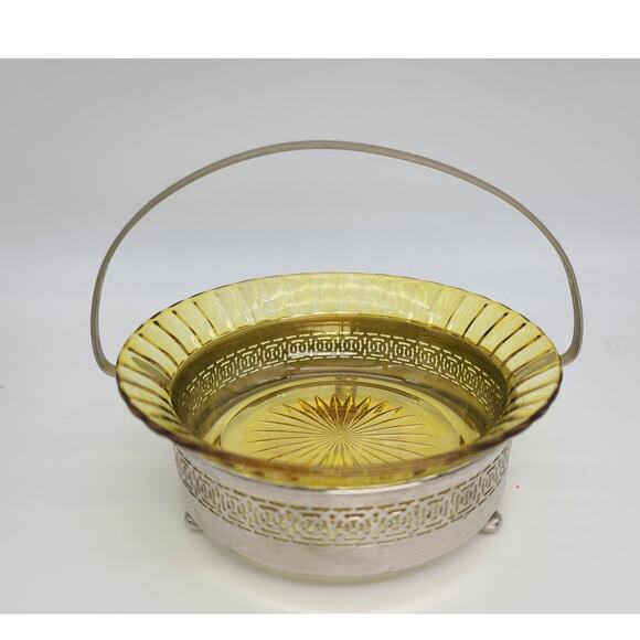 Vtg c1900s Heisey Glass Amber Bride Basket Royal Rochester Silver Repousse Stand - Picture 1 of 10